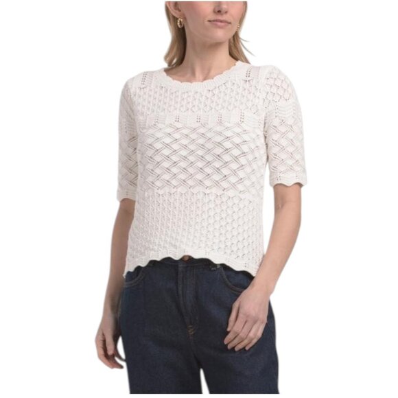 Elie Tahari Sweaters - ELIE TAHARI Elbow Sleeve Crew Neck Crochet Sweater